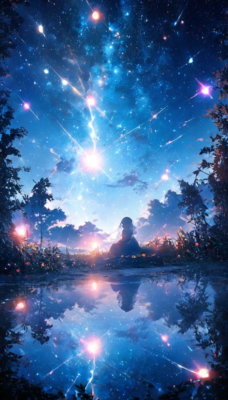 masterpiece, Concept Art, Panorama, in the center, shape, Wide Shot, garden, night, (meteor), Space galaxy background, (Great composition, Epic scale), Dynamic Lighting, Bright colors, Blue rose,landscape longeyelashes, solid circle eyes, silver hair, half-closed eyes, sad, drop shadow, anaglyph, stereogram, tachi-e, atmospheric perspective, wide shot, reflection light, 8K, super detail, best quality, anatomically correct