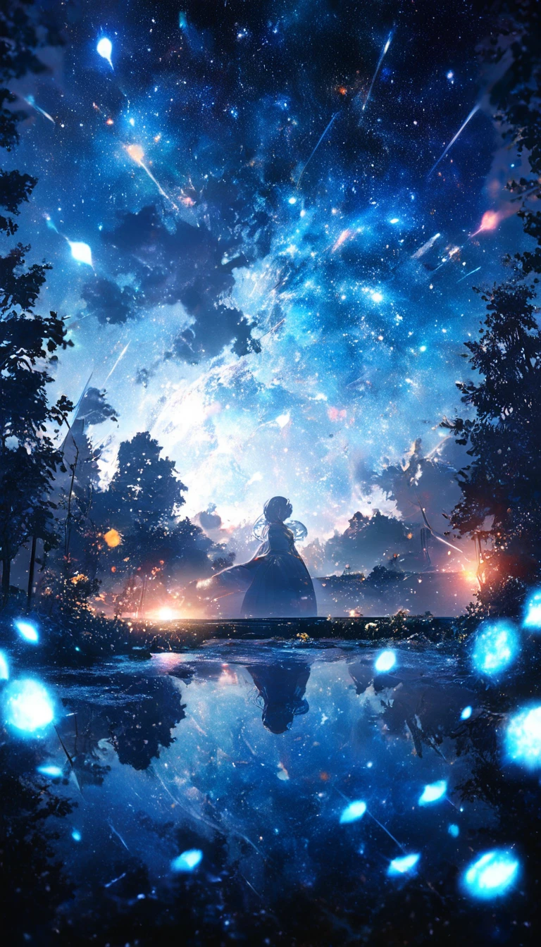 masterpiece, Concept Art, Panorama, in the center, shape, Wide Shot, garden, night, (meteor), Space galaxy background, (Great composition, Epic scale), Dynamic Lighting, Bright colors, Blue rose,landscape longeyelashes, solid circle eyes, silver hair, half-closed eyes, sad, drop shadow, anaglyph, stereogram, tachi-e, atmospheric perspective, wide shot, reflection light, 8K, super detail, best quality, anatomically correct