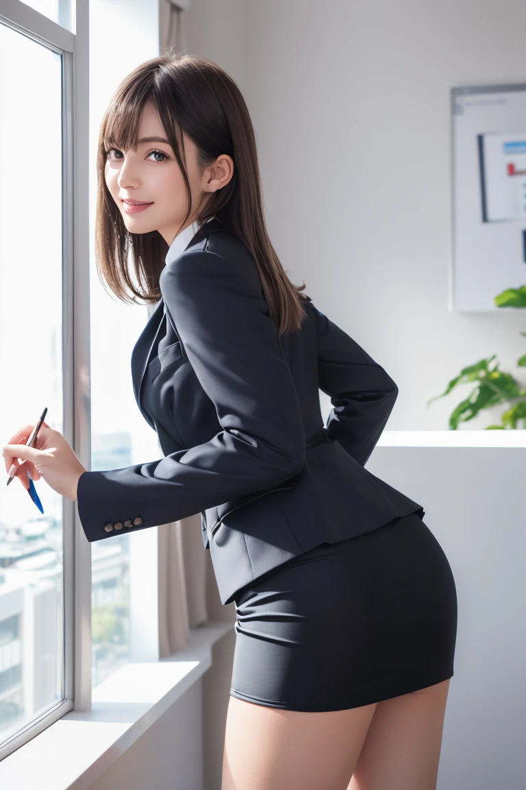 (delicate illustration:1.3),(masterpiece:1.0), (best quality:1.4), (ultra highres:1.2), (photorealistic:1.4), (8K, RAW photo:1.2), (sharp focus:1.3), (face focus:1.4), (feet:1.3), (19yo:1.3), (1 girl wearing detailed suit jacket and pencil-skirt:1.4), office lady,professionattire,high heels, (((office background))), ((black contacts)) , (arched back:1.3), big breast, (happy smile), scenery, bangs:1.2, beautiful detailed eyes, looking into the camera, slim, slender waist, thin leg, (cute), (beautiful), (backshot), from behind, Upper Body,