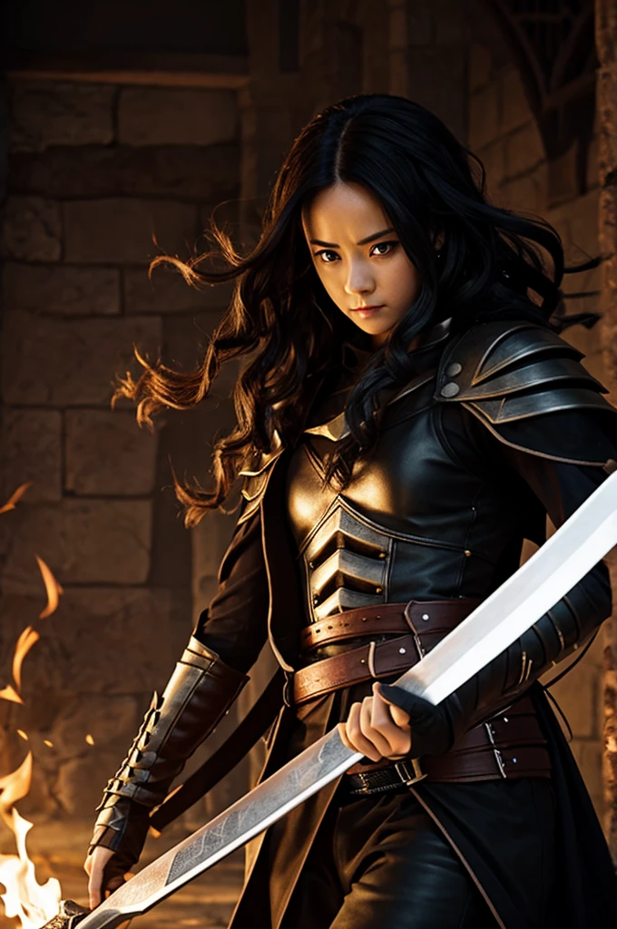 Create a dark fantasy character inspired by Jennifer Lawrence as Aria, a fierce warrior with a determined expression and a strong, athletic build. Dress her in armor that seems to be forged from living flames, with a fiery sword that blazes in her hand. Emphasize Lawrence’s intensity and resilience