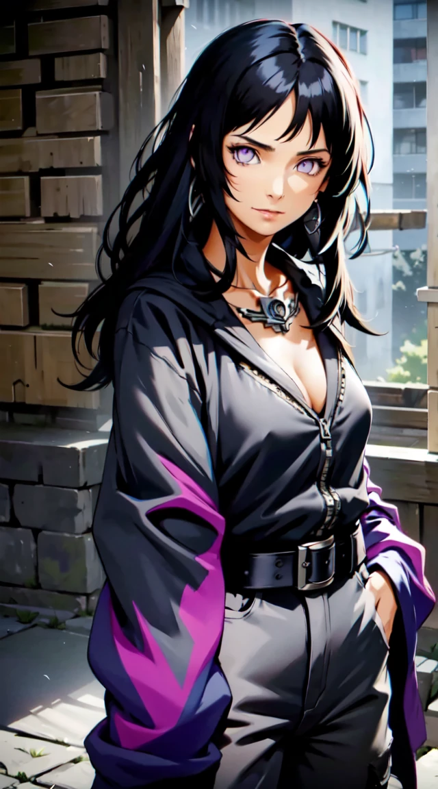 masterpiece,stunning realistic,best quality,sharpness,sharp face,smil，Rot im Gesicht sein，Photo of the upper body
black long hair，purple eyes,big ,tanktop,cargopants with many pockets,black cloak,silver necklace,silver chain,black gloves