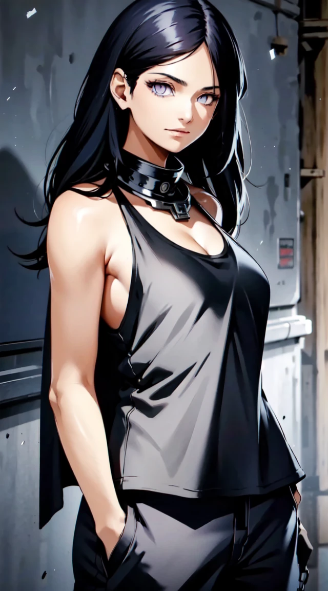 masterpiece,stunning realistic,best quality,sharpness,sharp face,smil,Rot im Gesicht sein,Photo of the upper body
black long hair,purple eyes,big ,tanktop,cargopants with many pockets,black cloak,silver necklace,silver chain,black gloves
