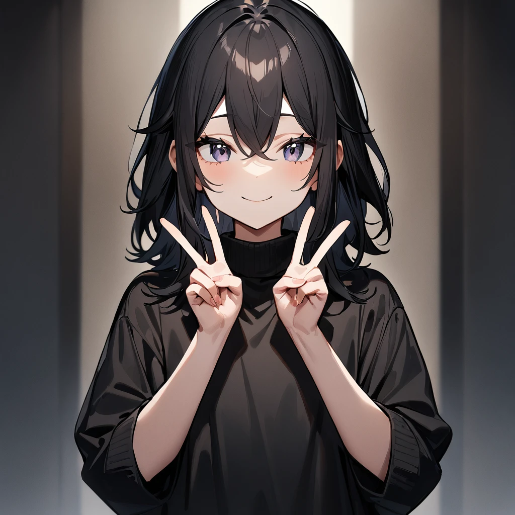 1 girl,black hair,Androgynous,medium hair,sidelocks,Covered,masterpiece,best quality,very aesthetic,absurdres,upper body,straight-on,large,Covered,Smile,double v