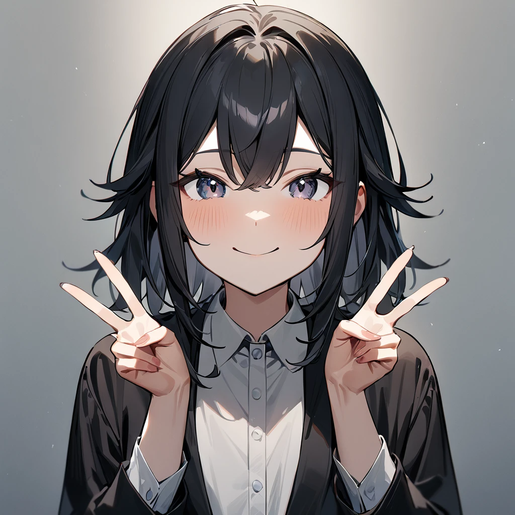 1 girl,black hair,Androgynous,medium hair,sidelocks,Covered,masterpiece,best quality,very aesthetic,absurdres,upper body,straight-on,large,Covered,Smile,double v