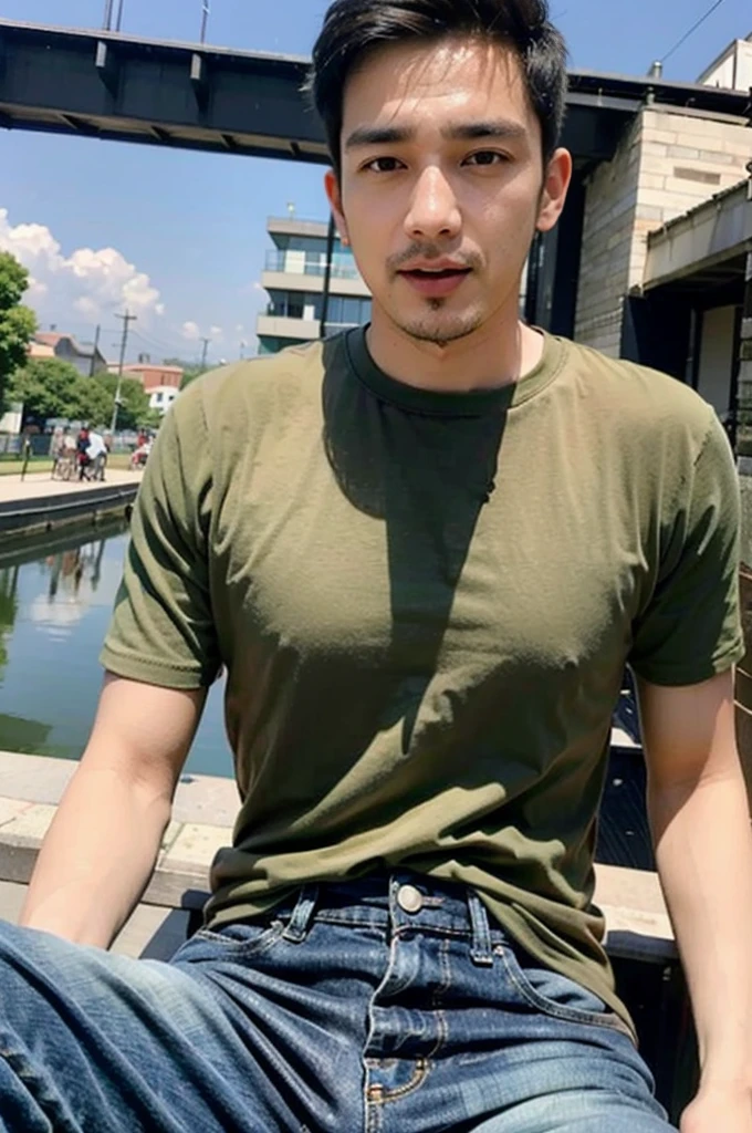 ((realistic daylight)) , Young Korean man in only a green t-shirt, no pattern, denim shirt, and jeans., A handsome, muscular young Asian man looks at the camera. In a simple t-shirt blue and red , Along the canal ,turn sideways