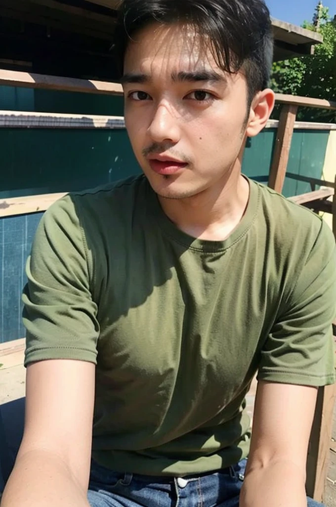 ((realistic daylight)) , Young Korean man in only a green t-shirt, no pattern, denim shirt, and jeans., A handsome, muscular young Asian man looks at the camera. In a simple t-shirt blue and red , Along the canal ,turn sideways