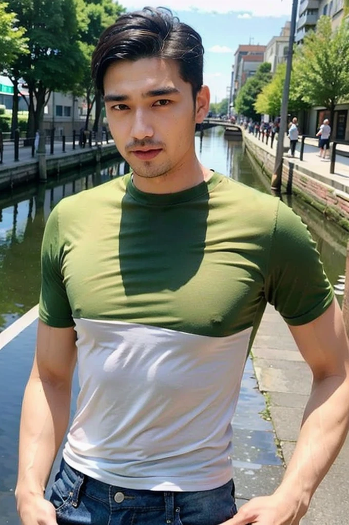 ((realistic daylight)) , Young Korean man in only a green t-shirt, no pattern, denim shirt, and jeans., A handsome, muscular young Asian man looks at the camera. In a simple t-shirt blue and red , Along the canal ,turn sideways