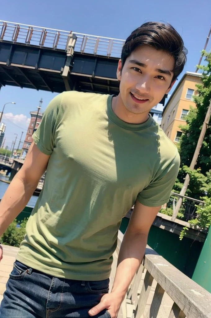 ((realistic daylight)) , Young Korean man in only a green t-shirt, no pattern, denim shirt, and jeans., A handsome, muscular young Asian man looks at the camera. In a simple t-shirt blue and red , Along the canal ,turn sideways