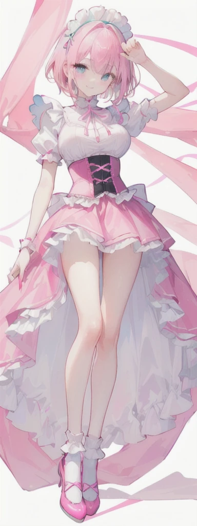 (short pink hair) blue eyes, (Eyes behind long bangs) big breasts, using accessories (using socks) perfect shiny beautiful pink shoes (Wearing luxurious palace pink maid clothes Perfect perfect noble) Pose facing sideways (Girl1, straight pinky hair not too long, bangs covering one eye, soft face, gentle smile) ((Standing position with long legs, bare thighs, image position visible from bottom of feet to top of head) SHORT pink hair, beautiful blue eyes (Free pose, right hand down, left hand down, ((Free pose))smile kawai, (blank white background) Wearing a pink corset, (Using a beautiful bright pink ribbon) Kawai shy cute eyes (cyan colored shoes must be shiny, Must wear short white socks) ((short skirt)) short sleeves (image according to tag) pink pink pink pink pink pink pink pink pink pink pink pink pink pink pink pink pink pink Long slim legs Long slim legs Long slim legs Long slim legs Long slim legs Long slim legs