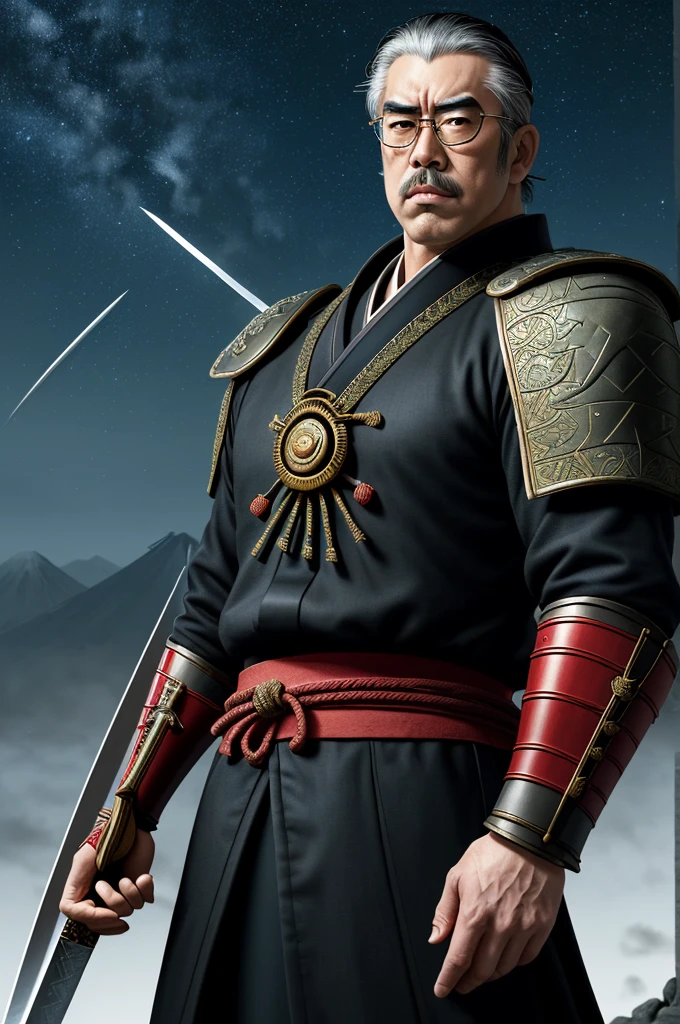 Highest quality,High resolution, ((Emperor Hirohito)) ,Japanese emperor,Kenshiro,Fist of the North Star,samurai,One person,warrior,(black_coat),retro round glasses,Round Glasses,kimono,male,One personで,Middle Age,Swordsman,strongest,Anime Style,(Night Sky_background),(Limbs),(Full Finger),(Accurate fingertips), (The finer details), (Super detailed),(Japanese sword:),4K,(high resolution),whole body, (Front angle), Looking at the camera,masterpiece,(Subtle details),(Intricate details),Octane Rendering,(Hyper Detail),
