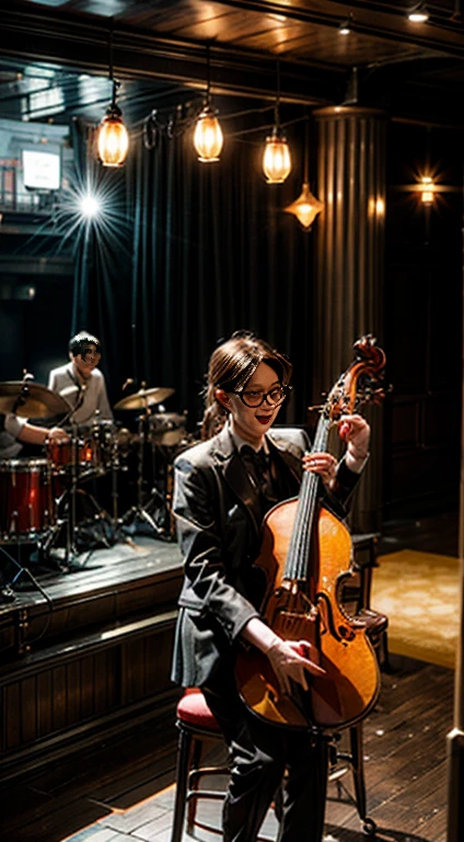 /imagine "A vibrant jazz band performing on stage, musicians playing instruments like saxophone, trumpet, double bass, and drums, a singer standing at the microphone, band members dressed in classic jazz attire. Dim, moody lighting with spotlights on the musicians, a stylish retro stage setup with vintage microphones and amplifiers. An engaged audience seated around small tables, people clapping and enjoying the music, waiters serving drinks in the background. A smoky, intimate ambiance, warm inviting light from overhead lamps and table candles, a sense of excitement and energy from the live performance. Classic jazz club decorations like posters and instruments hung on the walls, red velvet curtains and wooden floors, a bar area in the background with bottles and glasses."