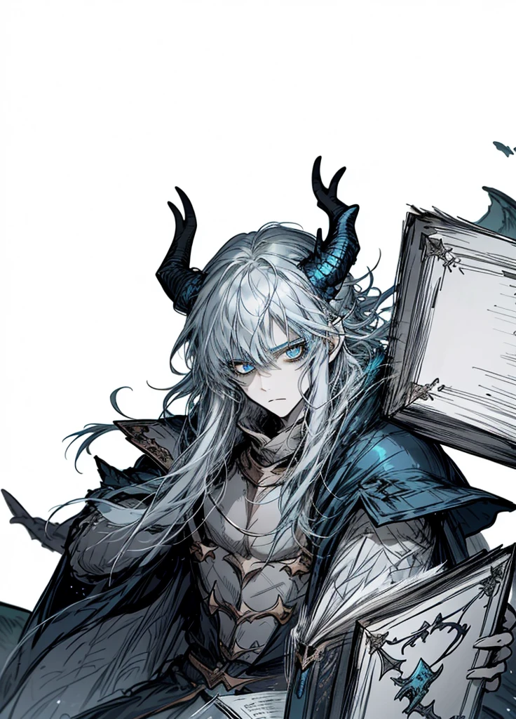 1boy ,silver hair,long hair, light blue eyes ,pale skinned beast ,dragon, dragon tail, blue horns, book, arctic knight, nice clothes, (high resolution, high detail, best quality), calm