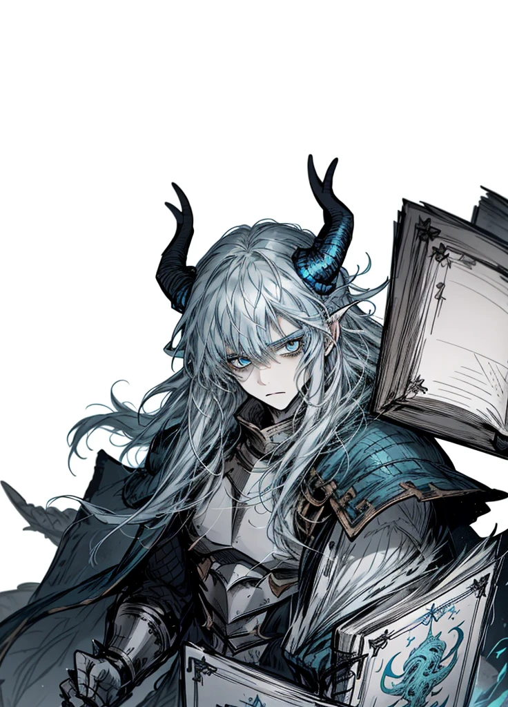 1boy ,silver hair,long hair, light blue eyes ,pale skinned beast ,dragon, dragon tail, blue horns, book, arctic knight, nice clothes, (high resolution, high detail, best quality), calm