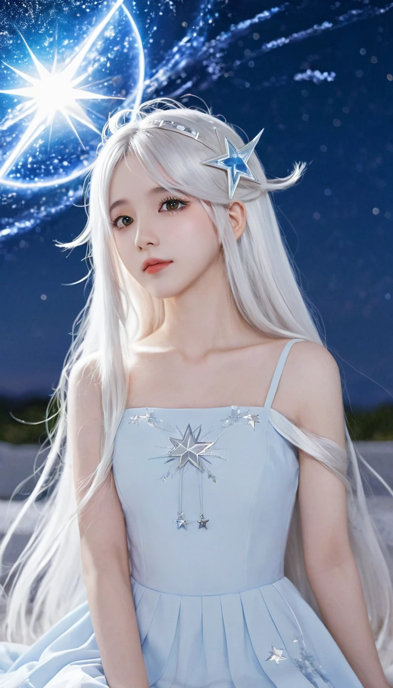 anime girl with long white hair and a Star in her hair, White-haired deity, Anime girl with cosmic long hair, Star(Sky) Starry_Sky, Cute girl anime visual, Ink art anime loli, White halo, White hair girl, Ethereal Anime, akasuki voidStar, Heavenly Spirit, Night Core, Anime cute art style