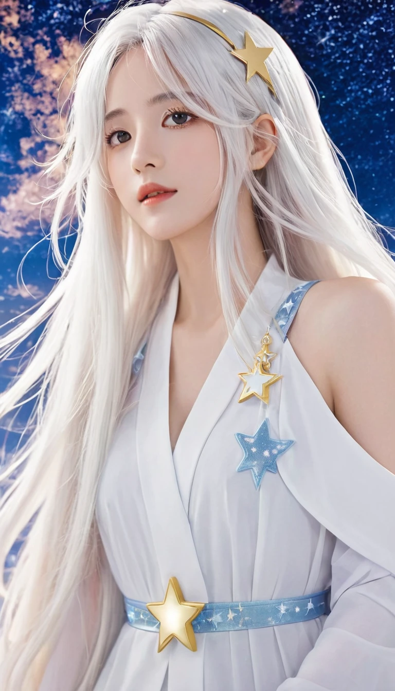 anime girl with long white hair and a Star in her hair, White-haired deity, Anime girl with cosmic long hair, Star(Sky) Starry_Sky, Cute girl anime visual, Ink art anime loli, White halo, White hair girl, Ethereal Anime, akasuki voidStar, Heavenly Spirit, Night Core, Anime cute art style