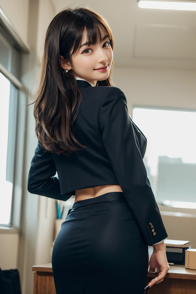 (delicate illustration:1.3),(masterpiece:1.0), (best quality:1.4), (ultra highres:1.2), (photorealistic:1.4), (8K, RAW photo:1.2), (sharp focus:1.3), (face focus:1.4), (feet:1.3), (19yo:1.3), (1 girl wearing detailed suit jacket and pencil-skirt:1.4), office lady,professionattire,high heels, (((office background))), ((black contacts)) , (arched back:1.3), big breast, (happy smile), scenery, bangs:1.2, beautiful detailed eyes, looking into the camera, slim, slender waist, thin leg, (cute), (beautiful), (backshot), from behind, Upper Body,