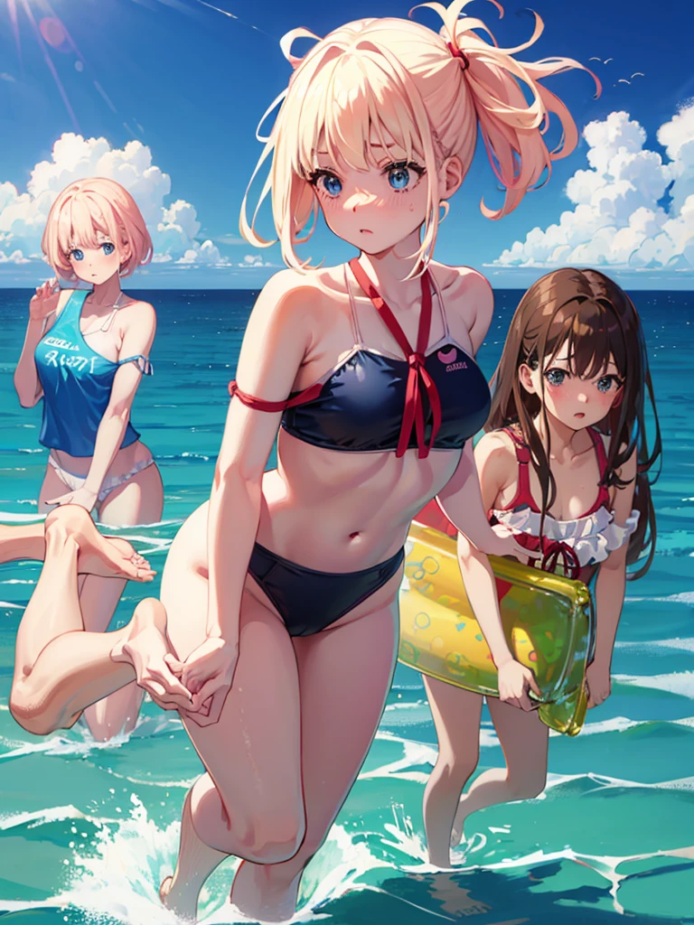 Random patterned swimsuit、,Swimsuit,Blushing、blondes、ponytail、pale blue eyes、Head to toe full body、Blushing、Embarrassed look、Composition from the front、A view from slightly below、school swimwear、Acme Face、Random pose、, 、nsfw、Highest quality、1 girl、独奏、Ocean、Sandy Beach、Sexy pose、Random pose、Blushing、wet、Embarrassed、I can see half of my 、、One piece swimsuit、(Strap slip:1.3)、