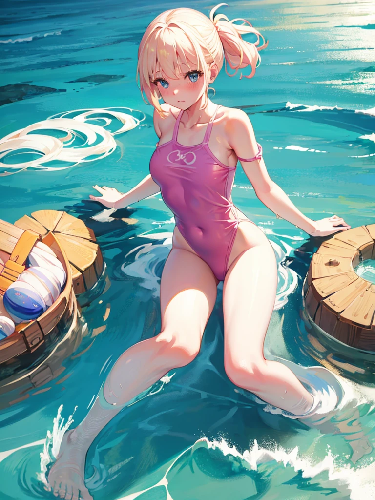 Random patterned swimsuit、,Swimsuit,Blushing、blondes、ponytail、pale blue eyes、Head to toe full body、Blushing、Embarrassed look、Composition from the front、A view from slightly below、school swimwear、Acme Face、Random pose、, 、nsfw、Highest quality、1 girl、独奏、Ocean、Sandy Beach、Sexy pose、Random pose、Blushing、wet、Embarrassed、I can see half of my 、、One piece swimsuit、(Strap slip:1.3)、