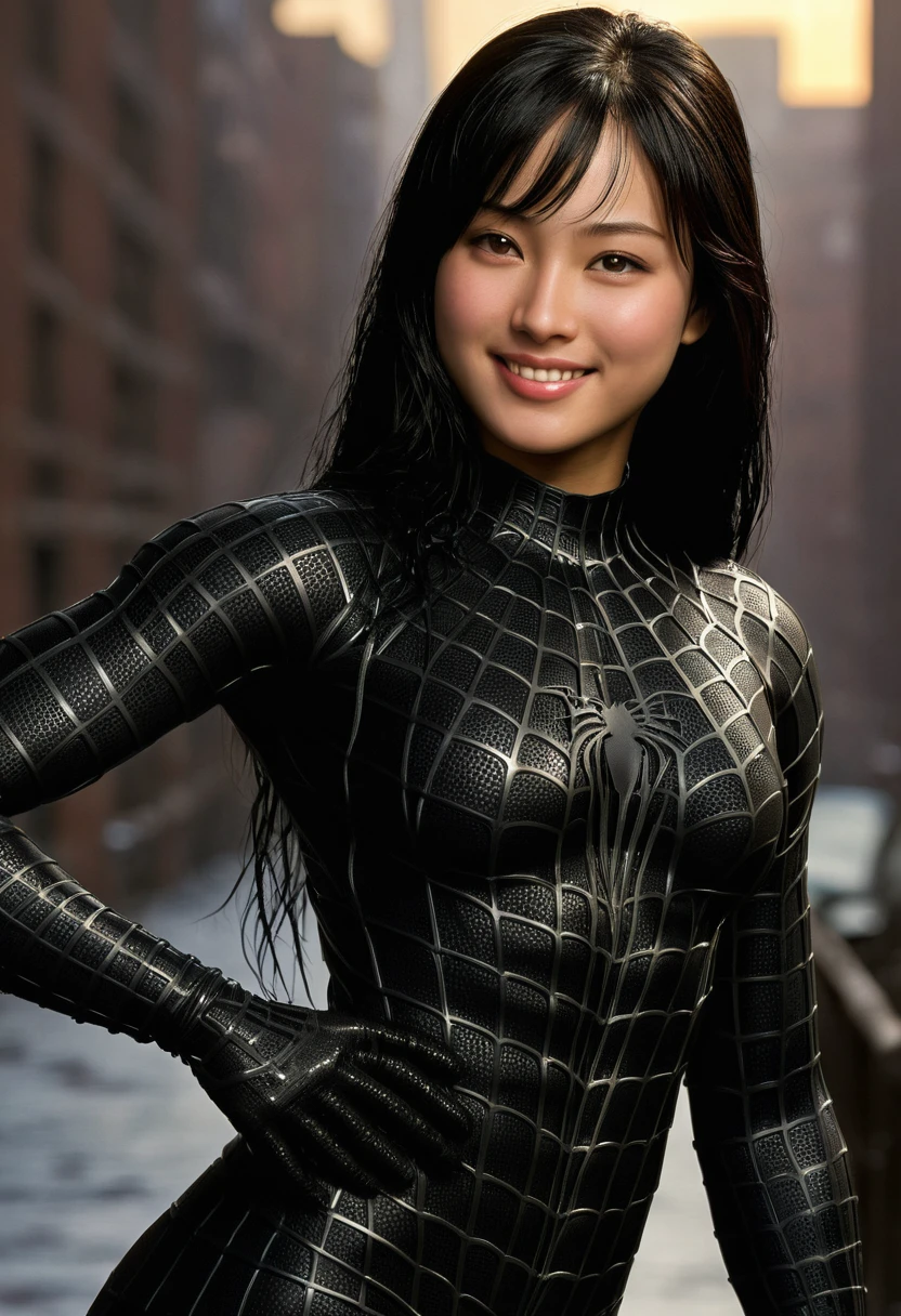 score_9, score_8_up, score_7_up, best quality, realistic, masterpiece, beautiful detail, hyperrealistic, night, (1girl, woman body, smile, black hair), big breasts:1, amazing detailed full body portrait of a beautiful japanese girl, defined muscle girl, wearing a realistic and highly detailed black raimi spider-man suit, ((huge muscular girl)), professional model wears ultra - detailed black raimi spider - man suit, ultra - detailed and grained black raimi spiderman suit, suit covered entire body and hand, black spiderman gloves, wet, (romantic scene), (full body), (dirty skin), close up, octane render, highly detailed, volumetric, dramatic lighting, (highest quality:1.1), (HDR:1.3), (top quality, best quality), realistic, high definition,