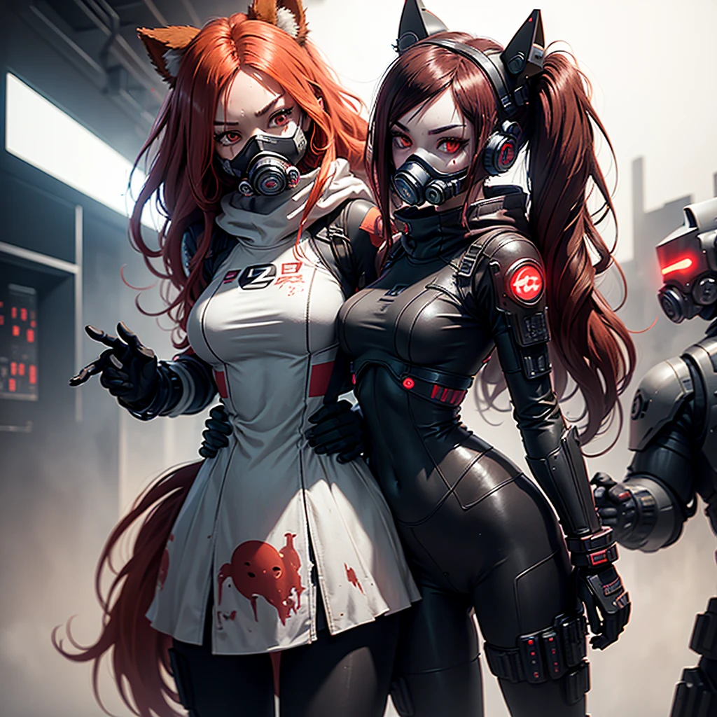 1 lonely girl with a mask large respirator gas mask on half the face fur half cyborg stands half sideways in a half turn she has a chic figure and big hips she has rich red long hair and white eyes zombies and a black android suit with red elements dark background image cyberpunk mechanisms and red lights dark background space red planets lights
