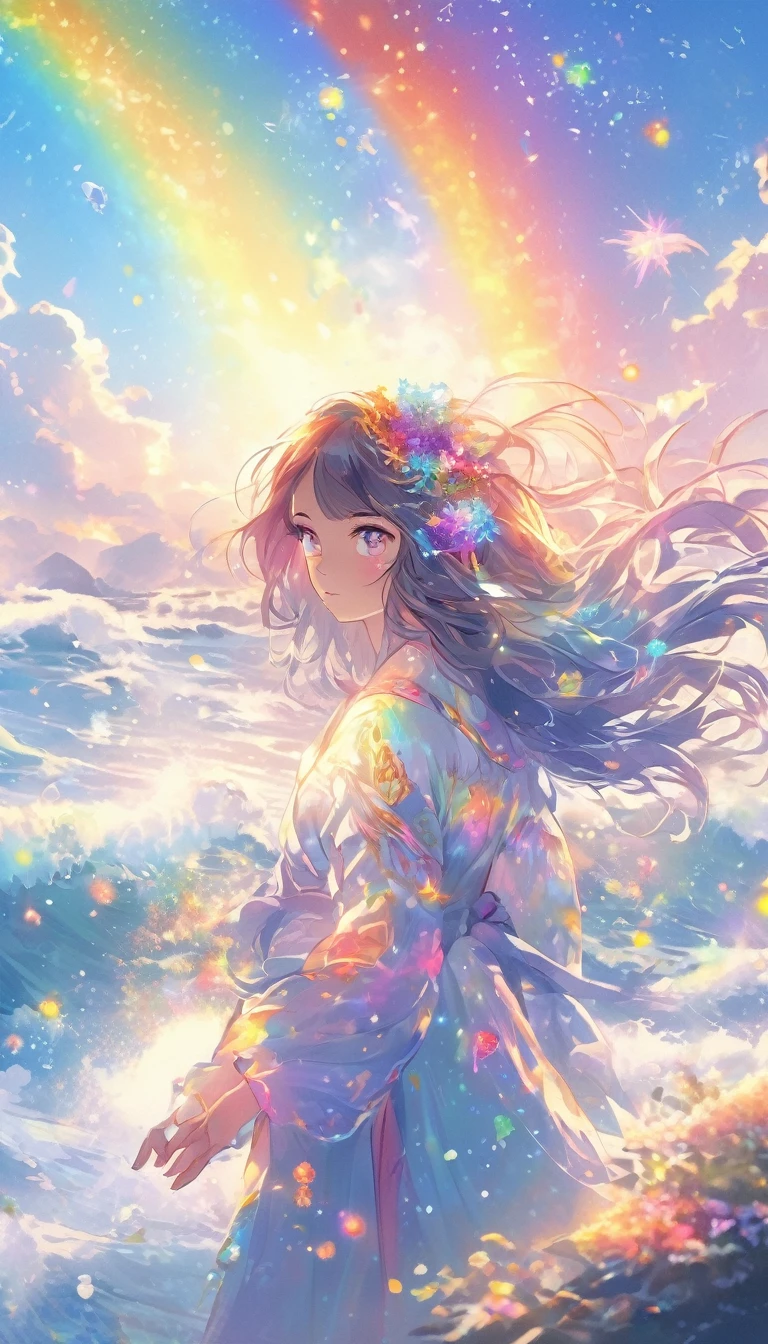 Mysterious glowing spell casting girl, ((Fantasy Rainbow Ocean)), Vibrant colors, Fantastic Light, Detailed speech bubbles, Magical atmosphere, Nice views, Dreamy atmosphere, Sparkling, Roomy robes, The magic touch, Mysterious creatures, ((Sparkling waves)), Mystical symbols, Surreal beauty, haze, There'Magic in the air, A magical moment,Mysterious atmosphere, Whimsical Creatures, Full of charm, Fairy, superpower, Fantasy World