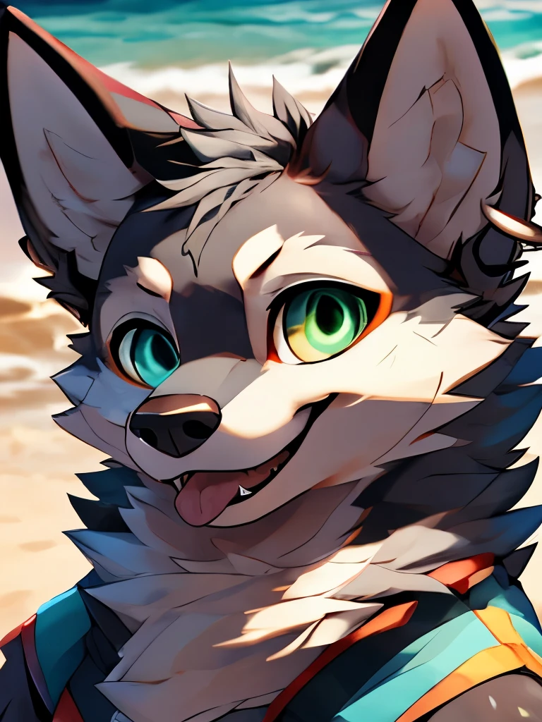 (High Definition, Dynamic HDR, 4k, full HD) furry ,16 years ,relaxed ,black and gray fur ,lobo ,high ,black and gray fur ,green left eye and blue right eye ,random clothes ,smile showing the tongue on the face in a playful way ,resting ,playa ,whole body ,beautiful,tender, elegant,alone, left ear piercing