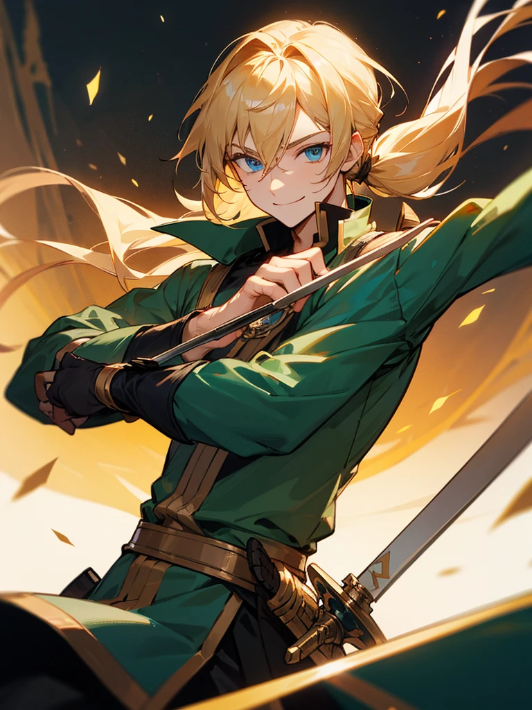 Young man with longsword , he has golden hair and low pony tail and blue eyes , he smiled.