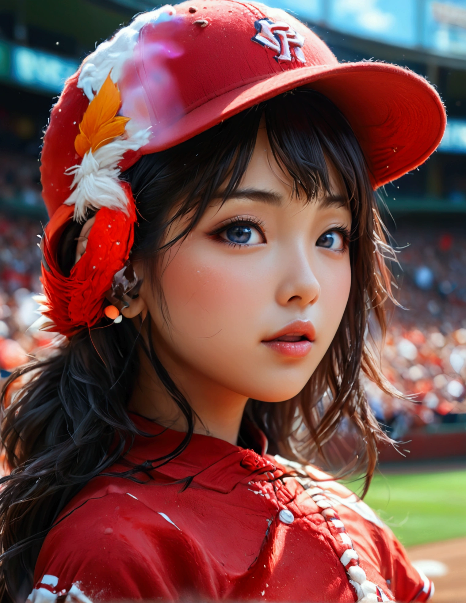 a beautiful japanese woman in a foxy baseball uniform, pitching a ball, detailed facial features, beautiful eyes, detailed lips, long eyelashes, flawless skin, toned athletic body, baseball stadium, cheering crowd, dynamic action, (best quality, 4k, 8k, highres, masterpiece:1.2), ultra-detailed, (realistic, photorealistic, photo-realistic:1.37), HDR, UHD, studio lighting, ultra-fine painting, sharp focus (show her from head to toe, show her entire body), physically-based rendering, extreme detail description, professional, vivid colors, bokeh, sports, baseball, anime
