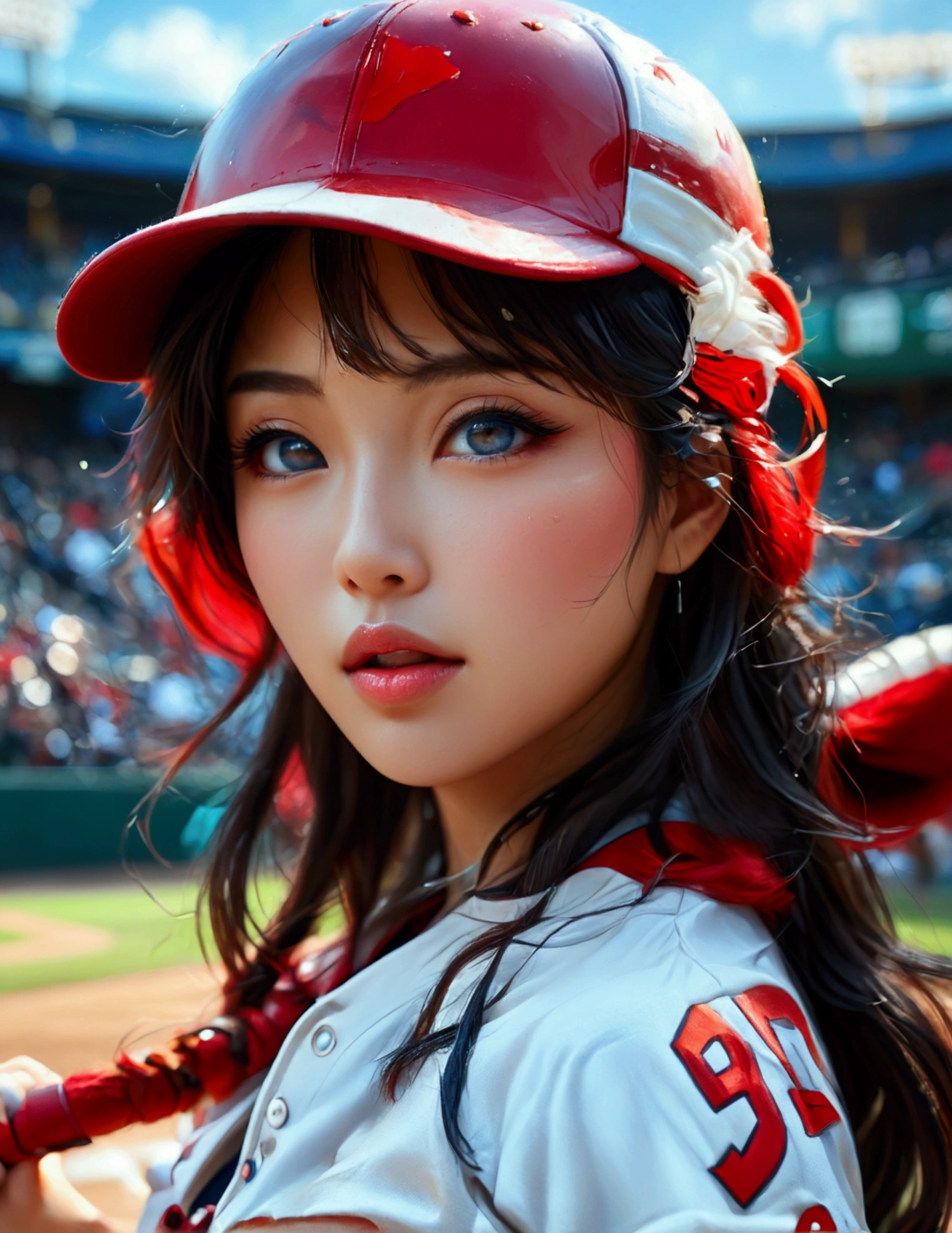 a beautiful japanese woman in a foxy baseball uniform, pitching a ball, detailed facial features, beautiful eyes, detailed lips, long eyelashes, flawless skin, toned athletic body, baseball stadium, cheering crowd, dynamic action, (best quality, 4k, 8k, highres, masterpiece:1.2), ultra-detailed, (realistic, photorealistic, photo-realistic:1.37), HDR, UHD, studio lighting, ultra-fine painting, sharp focus (show her from head to toe, show her entire body), physically-based rendering, extreme detail description, professional, vivid colors, bokeh, sports, baseball, anime