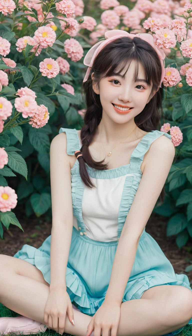 Anime girl in 80s anime style sitting among flowers and looking at the camera, Smile. Pale