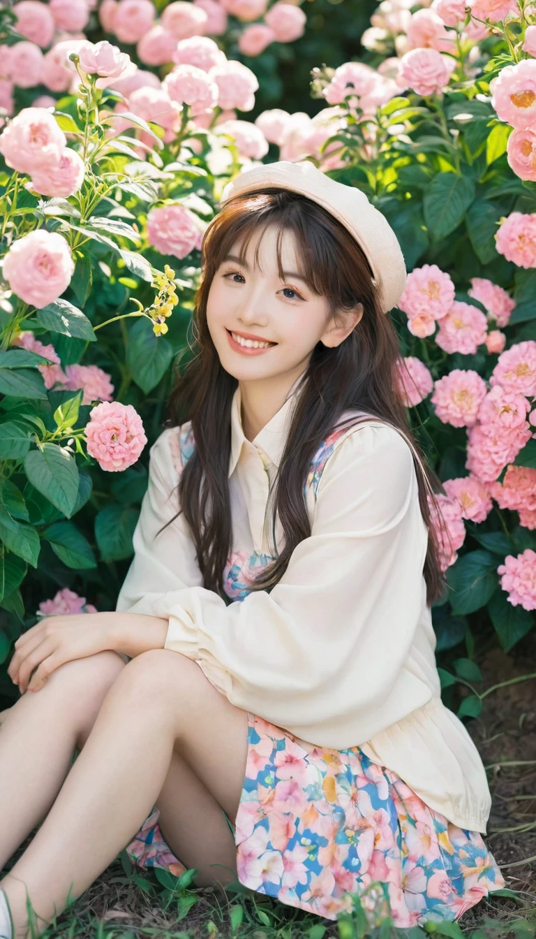 Anime girl in 80s anime style sitting among flowers and looking at the camera, Smile. Pale