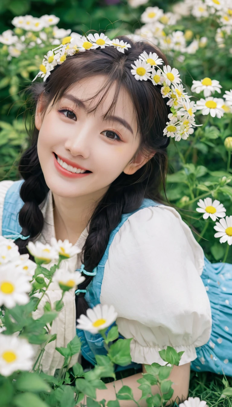 Anime girl in 80s anime style sitting among flowers and looking at the camera, Smile. Pale
