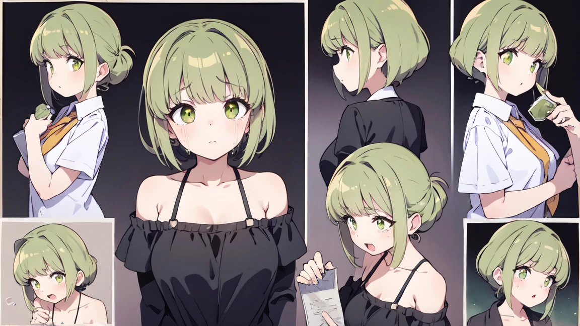 very short hair, Green hair, Crying facial expressions