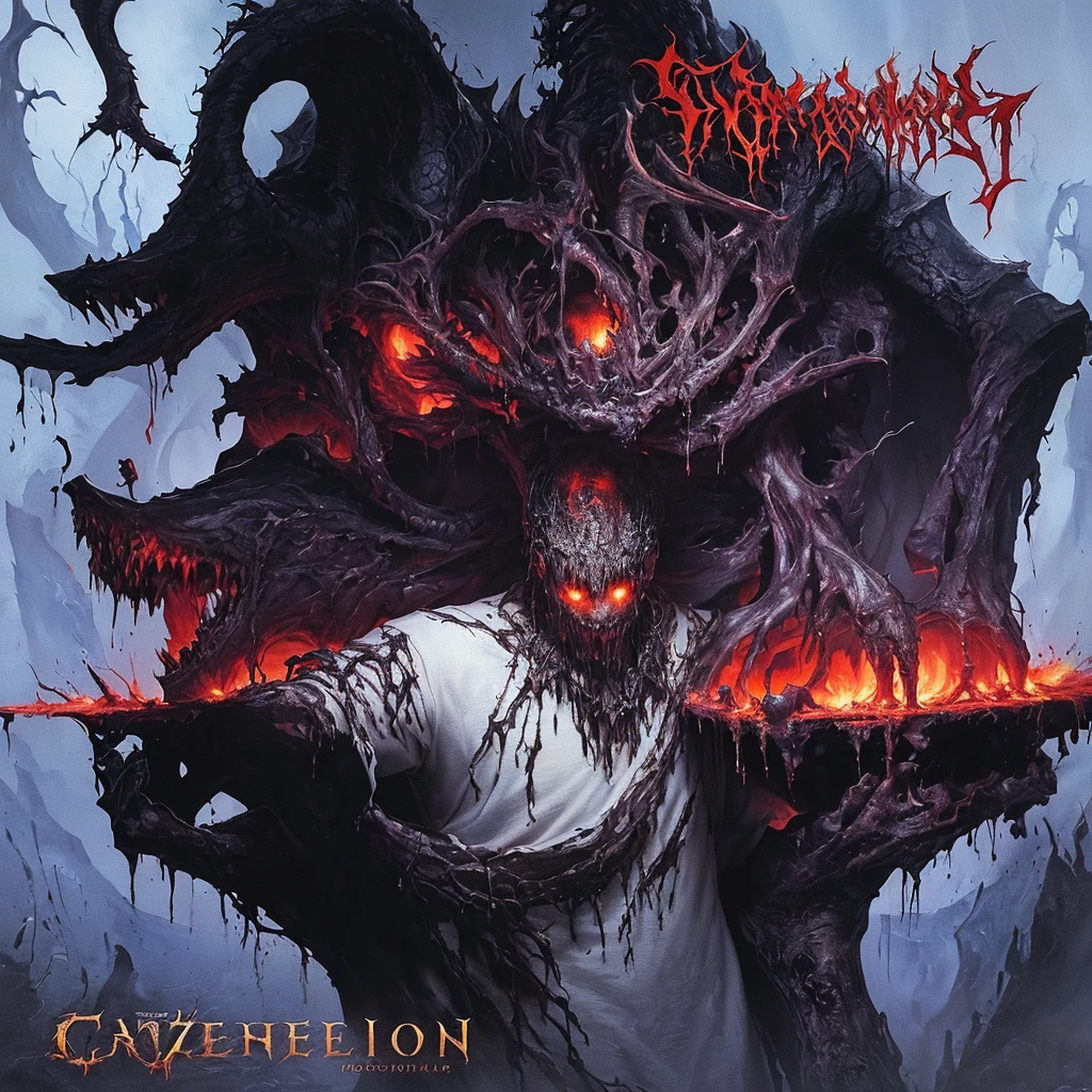 a painting of a man in a white shirt is looking at a demonic creature, scornful, schizophrenia, gehenna, detailed cover artwork, sorrowful, death metal album cover, disturbing biohorror saliva, schizophrenic, dark schizophrenia portrait, schizophrenic hallucination, packshot, cover art, metal album cover art, Abaddon, dreadful