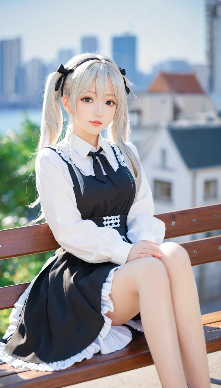 Anime girl in maid costume sitting on a bench,The background is a city, best anime 4k konachan wallpaper, Fine details. Girls Frontline, Lolish, from Girls Frontline, From the Azur Lane video game, Night Core, Azur route style, Cute anime girl in a beautiful skirt, Perfect white-haired girl, Attractive anime girl, Smooth anime CG art