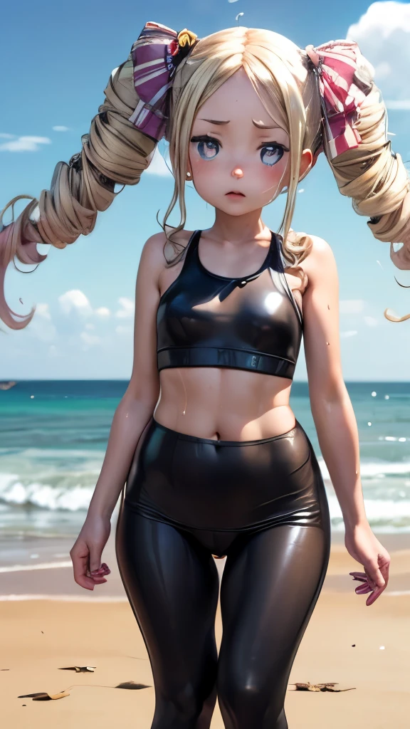 reamy long pale hair，double twin tails、(sweaty skin)、 (highest quality, 8K, 32k, masterpiece, uhd:1.2)、wet clothes、blush、(sweat:1.10)、((blush))、I am an  girl,(latex),black tanktop,((black leggings)),fitness,training、((suquatting))、thighs,(((steam))),(((camel toe))),beach side