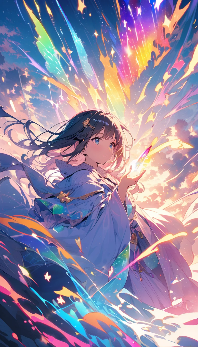 Mysterious glowing spell casting girl, ((Fantasy Rainbow Ocean)), Vibrant colors, Fantastic Light, Detailed speech bubbles, Magical atmosphere, Nice views, Dreamy atmosphere, Sparkling, Roomy robes, The magic touch, Mysterious creatures, ((Sparkling waves)), Mystical symbols, Surreal beauty, haze, There'Magic in the air, A magical moment,Mysterious atmosphere, Whimsical Creatures, Full of charm, Fairy, superpower, Fantasy World