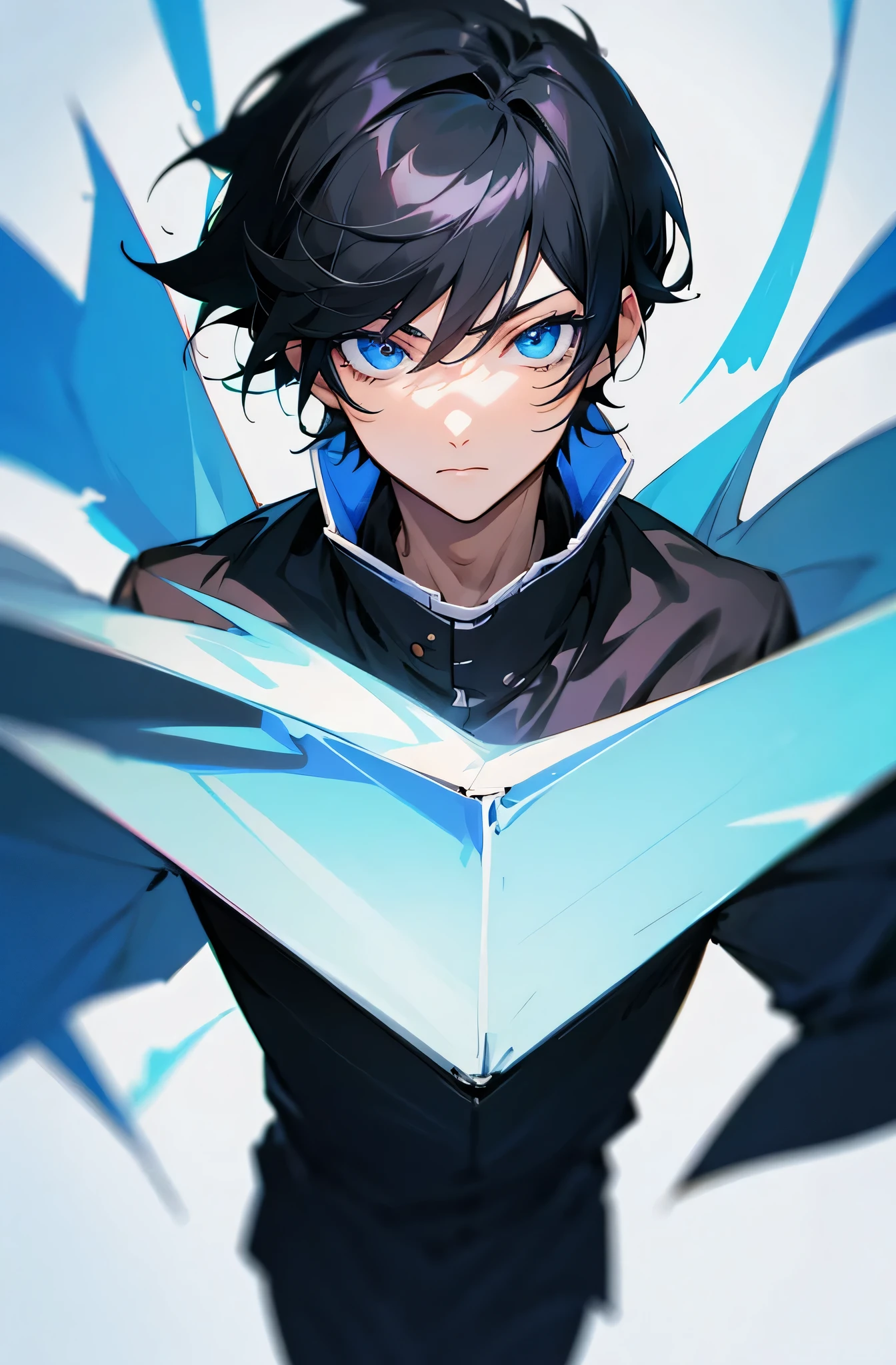 Short Black hair and blue eyes anime boy