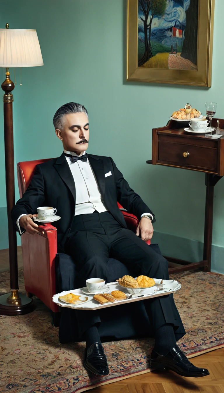 Man lying on a recliner, There is a butler next to him,Tray in hand,There is food on it, Surrealism.