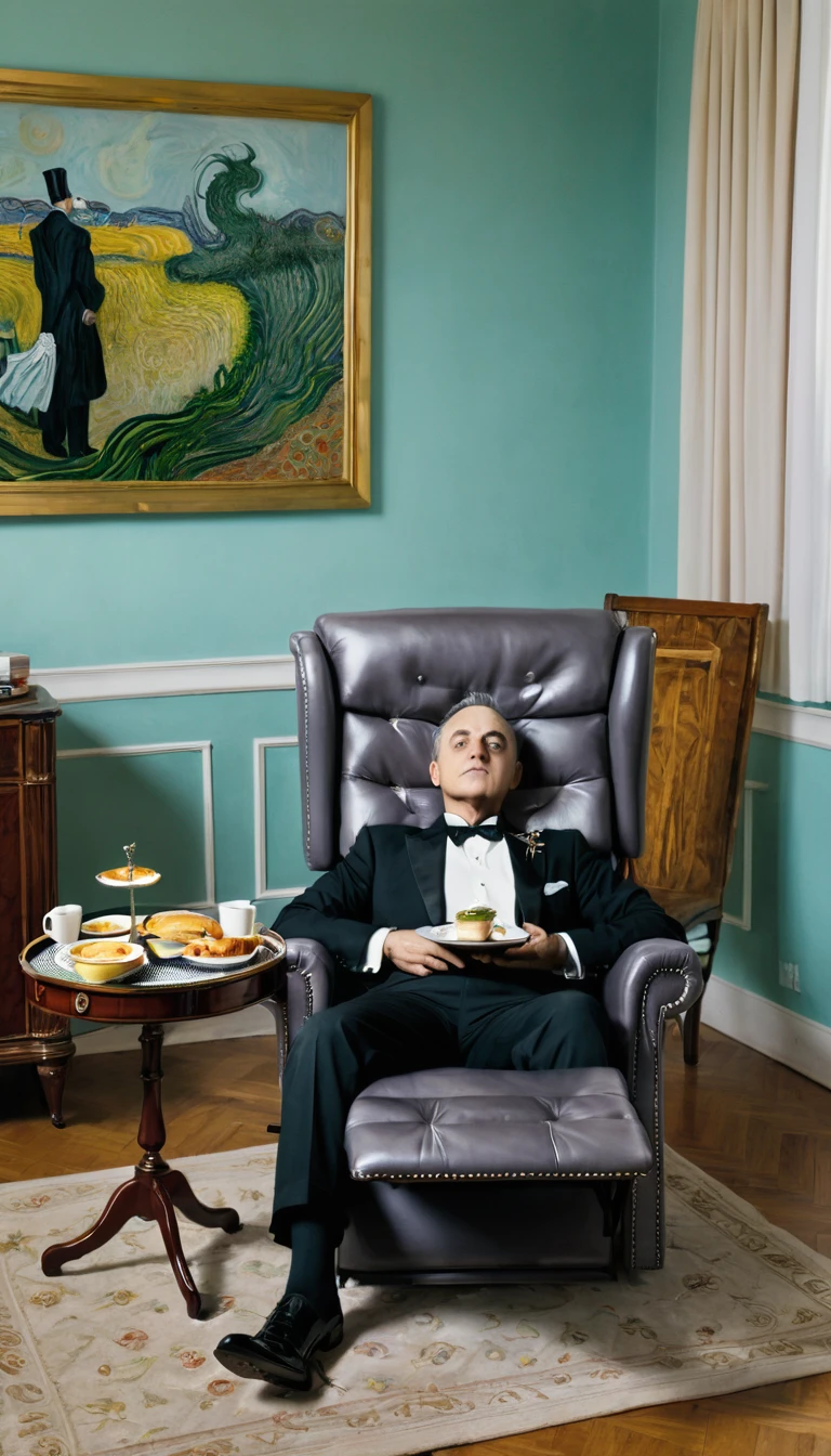 Man lying on a recliner, There is a butler next to him,Tray in hand,There is food on it, Surrealism.