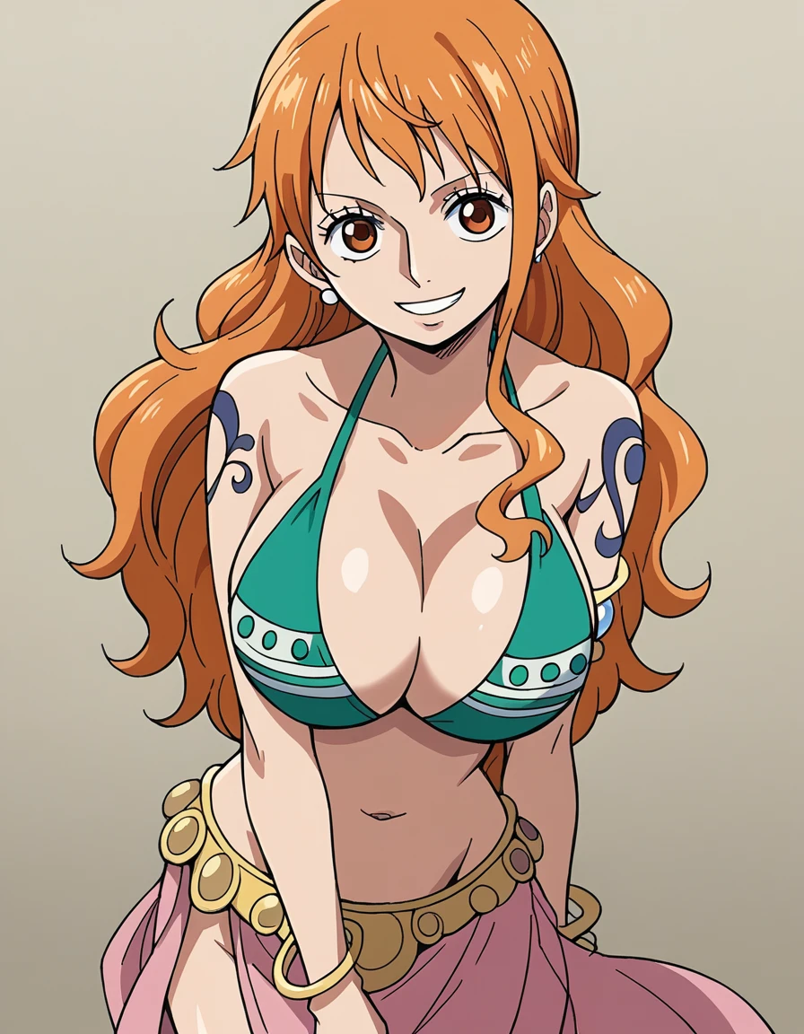 score_9, score_8_up, source_anime, best quality, nami, NAAmi, orange hair, orange eyes, long hair, large breasts, standing, looking at viewer, bellydancer, cleavage, dynamic angle, smile
