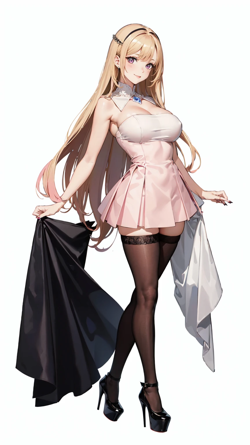 ((masterpiece, high resolution, better quality, better details)), ((Marin Kitagawa)), ((Smiling)), ((one girl)) a girl modeling standing, mini skirt, blouse, ((big neckline)), ((platform high heels)), pink eyes with black outline, (light blonde hair, straight hair, straight bangs, long hair)), long nails, pink nails, (((curvy body))), shiny skin, ((side view)), solo, bare shoulders, full body, focus full body, high heels, ((White background)),