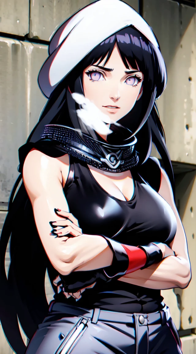masterpiece,stunning realistic,best quality,sharpness,sharp face,smil,Rot im Gesicht sein,Photo of the upper body
black long hair,purple eyes,big ,tanktop,cargopants with many pockets,black cloak,silver necklace,silver chain,black gloves
