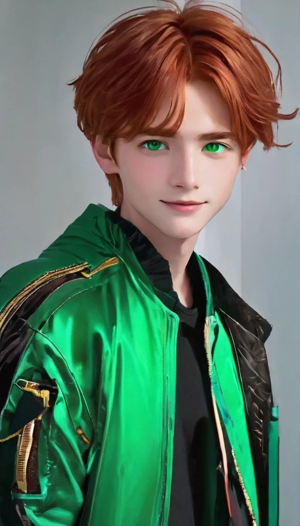 best quality, masterpiece, solo, 1boy, smile,red hair, futuristik, jacket, green eyes,