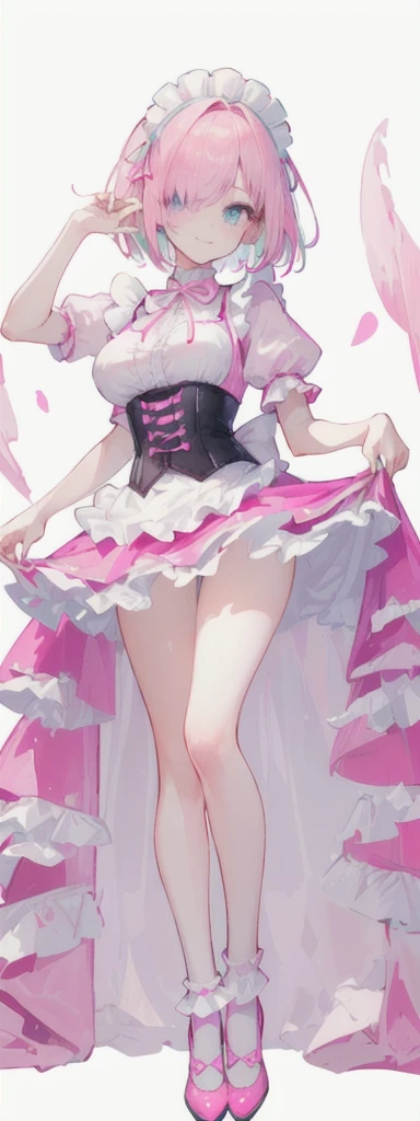 (short pink hair) blue eyes, (Eyes behind long bangs) big breasts, using accessories (using socks) perfect shiny beautiful pink shoes (Wearing luxurious palace pink maid clothes Perfect perfect noble) Pose facing sideways (Girl1, straight pinky hair not too long, bangs covering one eye, soft face, gentle smile) ((Standing position with long legs, bare thighs, image position visible from bottom of feet to top of head) SHORT pink hair, beautiful blue eyes (Free pose, right hand down, left hand down, ((Free pose))smile kawai, (blank white background) Wearing a pink corset, (Using a beautiful bright pink ribbon) Kawai shy cute eyes (cyan colored shoes must be shiny, Must wear short white socks) ((short skirt)) short sleeves (image according to tag) pink pink pink pink pink pink pink pink pink pink pink pink pink pink pink pink pink pink Long slim legs Long slim legs Long slim legs Long slim legs Long slim legs Long slim legs