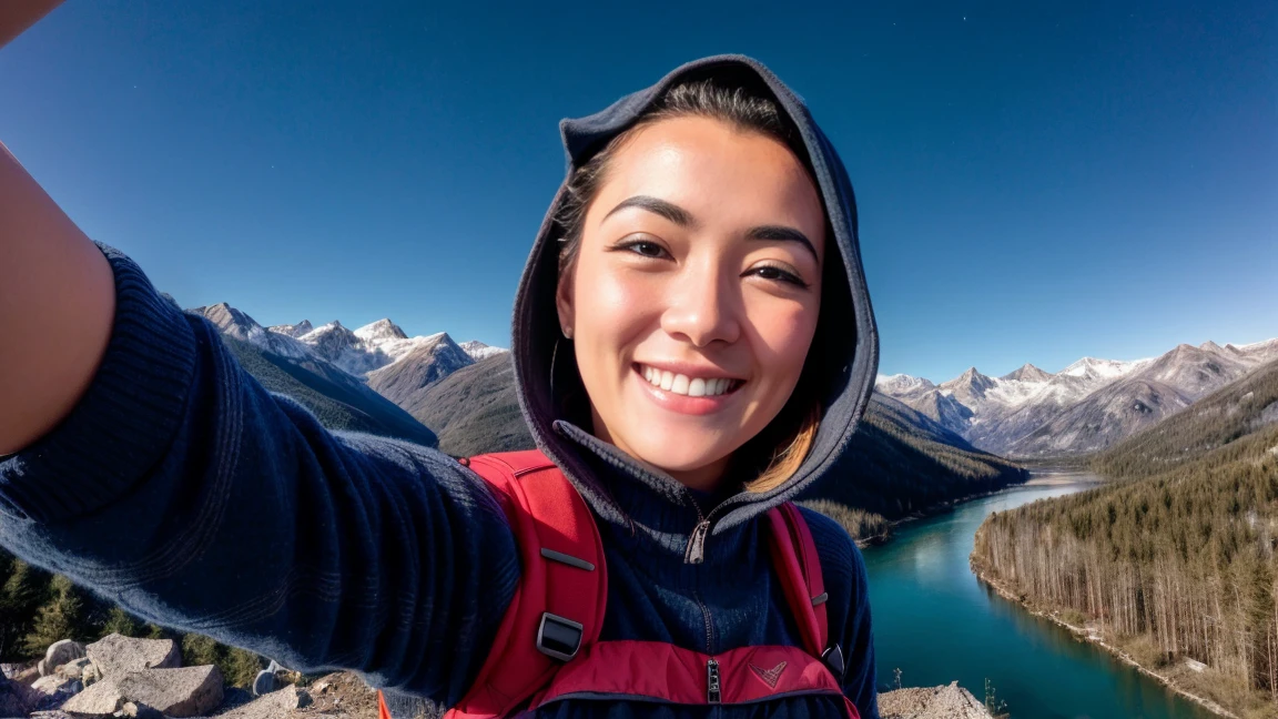 Veronica Cipher ((upper body selfie, happy)), masterpiece, Best quality, Ultra detailed bare chest, beautiful breasts, One, on open air, (night), mountains, nature, (stars, moon) cheerful, happy, backpack, sleeping bag, camp stove, water bottle, mountain boots, gloves, sweater, It has, flashlight, the forest, rocks, River, wood, smoke, shadows, contrast, clear sky, analog style (look at the viewer:1.2) (Skin texture) (Granularity:1.3), (warm shade, warm tone) :1.2), close-up, cinematic light, Side lighting, Ultra high resolution, best shadow, RAW, upper body,  , wearing a Kodak Vision 3 pullover,