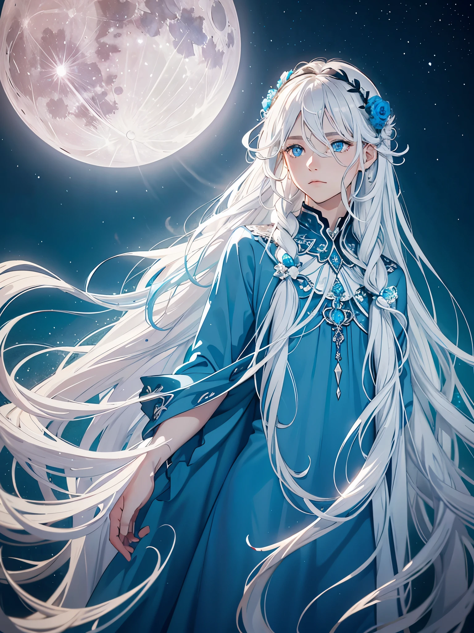 Viele blaue Blumen. Long hair. long white hair. aquatic, boy, Goddess of the Moon, silver hair accessories, White hair, White dress, cape, at night, saturated colors, light eyes, bright, light blue light, blue eyes, Jewelry silver, bluish light, Full moon in the background, aquatic in der Luft rosa kerzen