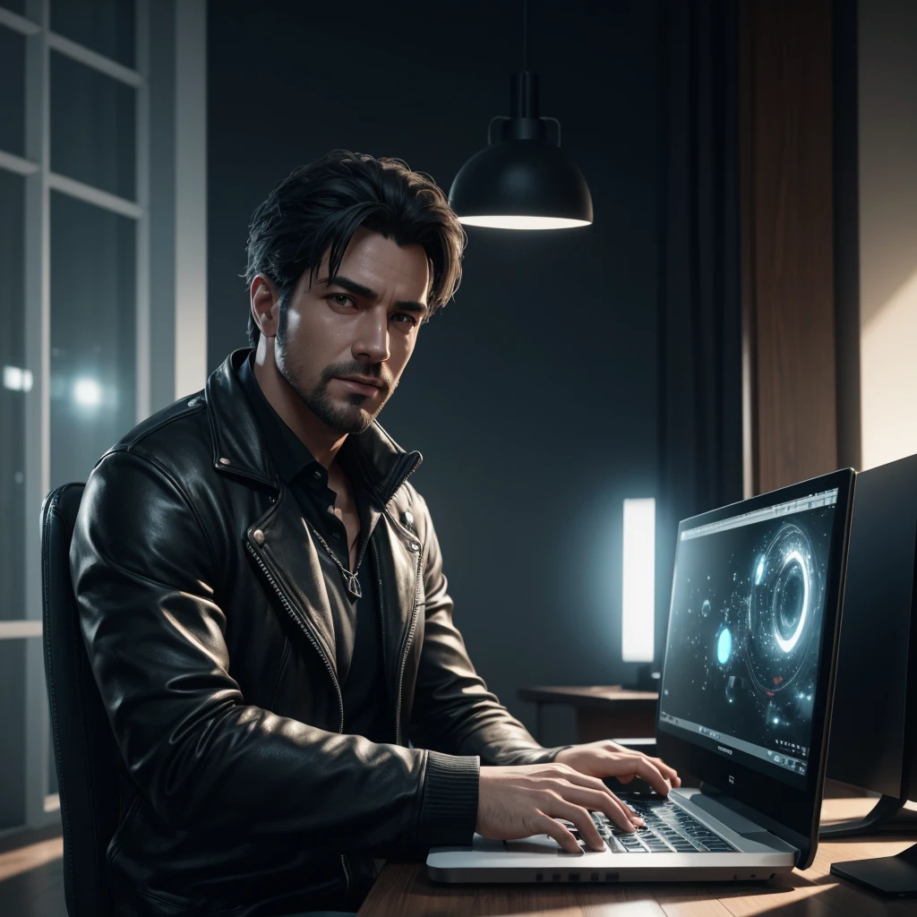 This is prompt.
photography of handsome man ,computer on background ,realistic, unreal engine, octane render, bokeh, vray, houdini render, quixel megascans, depth of field (or dof), arnold render, 8k uhd, raytracing, cgi, lumen reflections, cgsociety, ultra realistic ,natural features , daylight --q 1 --s 250