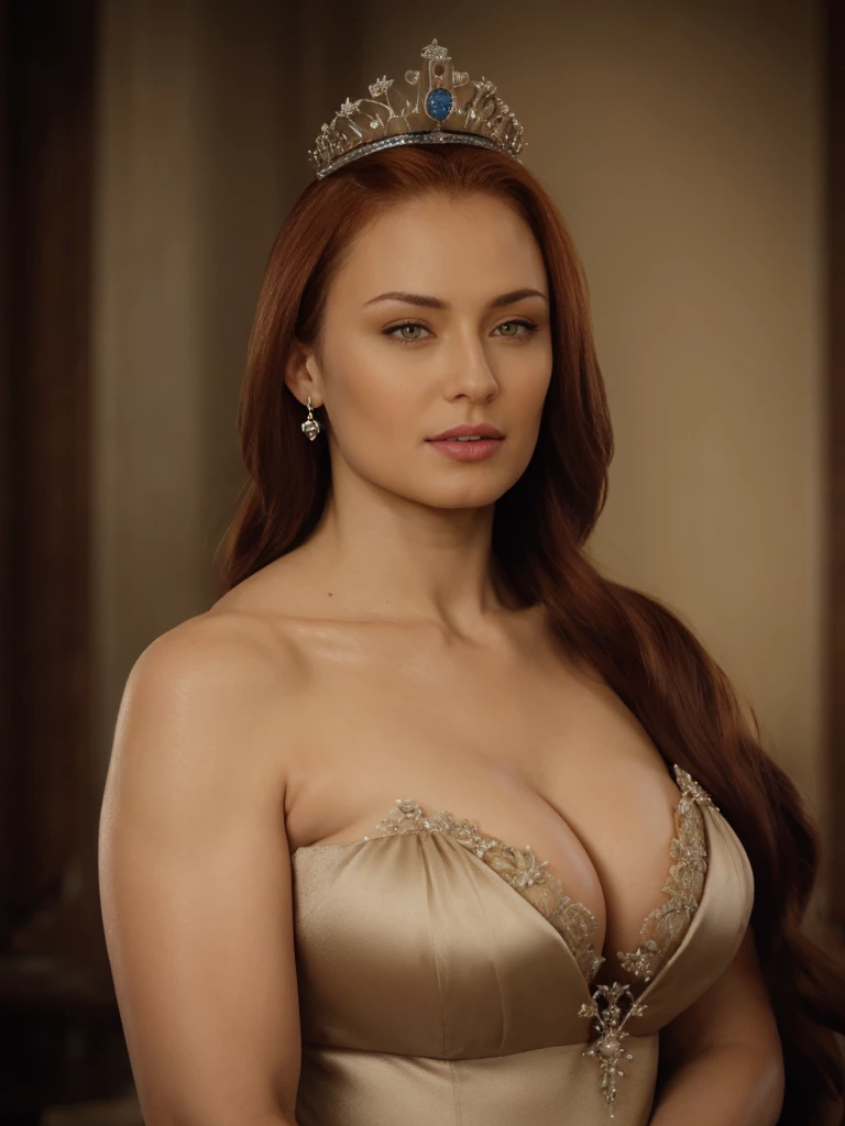 Face of Sophie Turner:1.2, Sansa Stark played by Sophie Turner, the de facto Lady of the Eyrie, is a 40-year-old mature queen with a stunning, alluring appearance, (hair over covering one eye - jessica rabbit's hair:1.2). Regally standing amongst ugly elderlymen senior councilmen with robust build:1.2. Full Face, Full figured woman, pierced eyes, reddish lips, (half body shot:1.2), erotic Mediaeval lewd off-the-shoulders sleeveless costumes, game of thrones queenly dress, satin-silken regal gloves, decorated jewelries befitting for regal noble lady, [She wears a Game of Thrones-inspired off-the-shoulders sleeveless costume and has a deep cleavage plunging neckline with heavy mommy milkers], a perfect thick body, and a perfect fleshy thick figure. Thick fleshy arms. Naturally heavy mommy milkers. Perfectfully sculpted collarbones. [hand on hip - exudes the aura of confidence and temptress]. Surrounded by elderly councilmen. Body worships. The photograph captures DSLR shot, with her skin texture and facial features being ultra-realistic and realistic. Juicy thick figure, high quality skin, Skin pores, amazing details, snow, snow flakes, semi realistic, extremely detailed eyes, dark moody orange and black settings, cool environment, BREAK, photographed on a Canon EOS R3, 105mm F/2.8 VR Macro Lens, HDR, 8k, (sharp focus), cinematic film still from lord of the rings