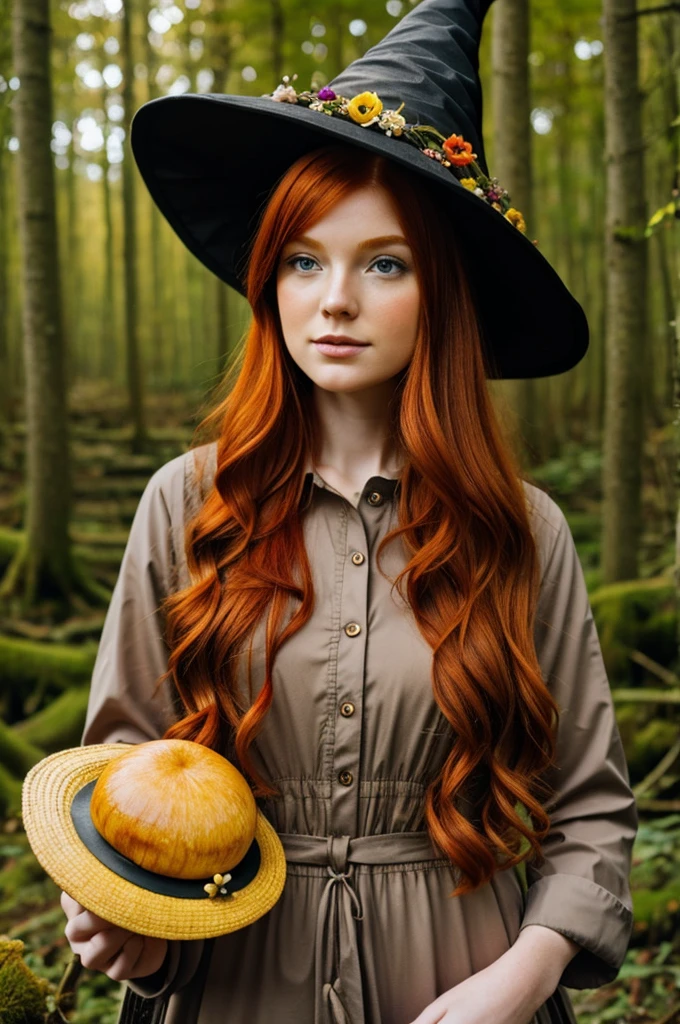 Ginger hair girl wearing a witch hat with mushrooms, flowers and nature